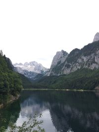 Scenic view of lake and mountains against clear sky