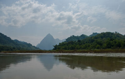 Scenic view of lake and mountains against sky