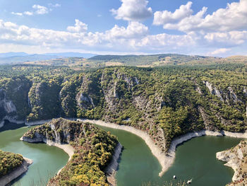 Aerial view of river amidst trees against sky