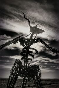 Close-up of crane on beach against sky