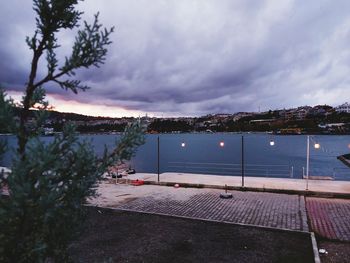 High angle view of sea against sky at dusk