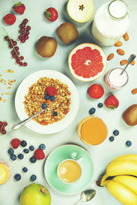 High angle view of breakfast on table