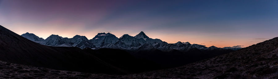 Scenic view of mountains against sky during sunset