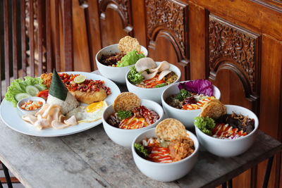 Close-up of food served on table