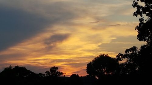 Low angle view of silhouette trees against dramatic sky