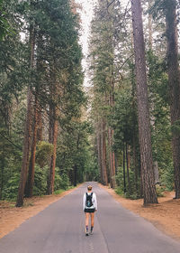 Rear view of woman riding motorcycle on road against trees