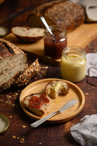 Close-up of breakfast served on table