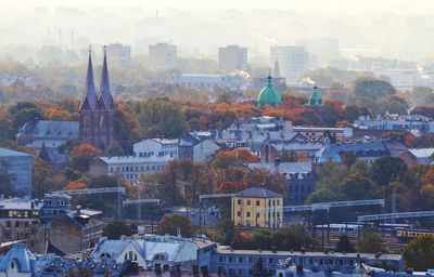 High angle view of buildings in city during winter