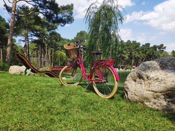 Bicycle parked by tree on field against sky