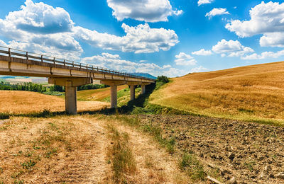 Bridge over road amidst field against sky