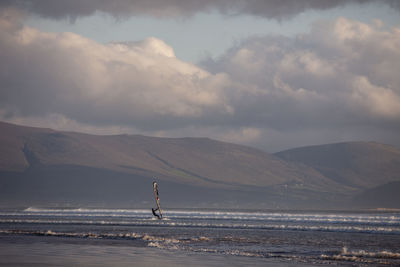 Windsurfing on beach against sky