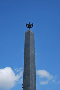 Low angle view of statue against blue sky