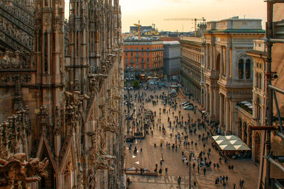 Aerial view on the piazza del duomo with part of milan cathedral.