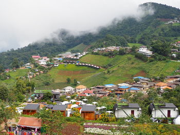 High angle view of buildings and houses on mountain