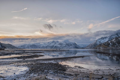 Scenic view of lake against sky during sunset