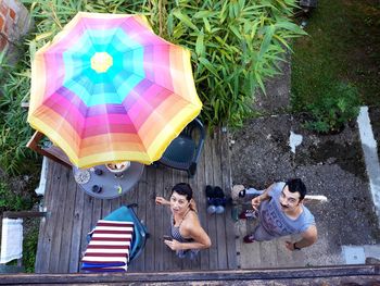 High angle portrait of people in backyard