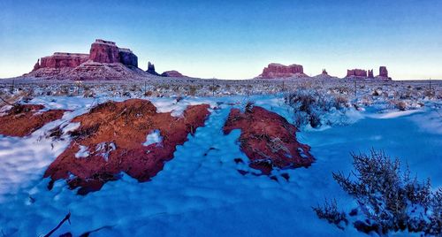 Scenic view of snowcapped mountain against blue sky
