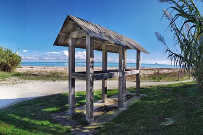 Built structure on beach against clear sky