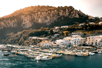 Sailboats moored in harbor by buildings against sky