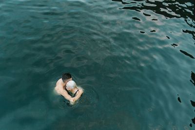 High angle view of man in sea