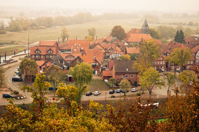 High angle view of buildings in town