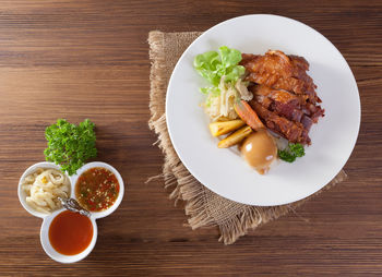 High angle view of meal served on table