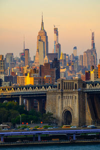 Buildings in city at sunset