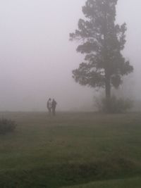 Silhouette man on field against sky during foggy weather