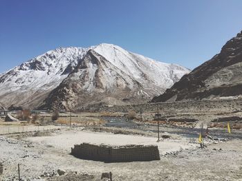 Scenic view of snowcapped mountains against clear sky