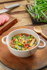 High angle view of food in bowl on table