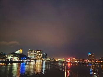 Illuminated city by river against sky at night