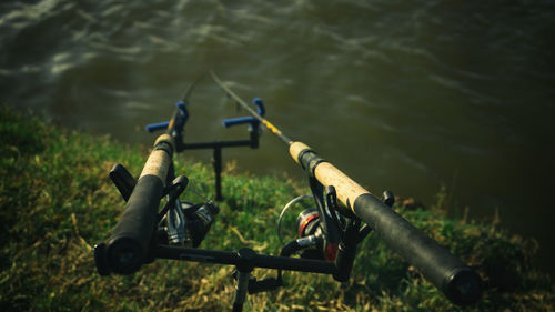 Close up of two spinning rod fishing gear equipment hobby