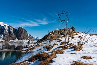 Symbol on snowcapped mountain against clear blue sky