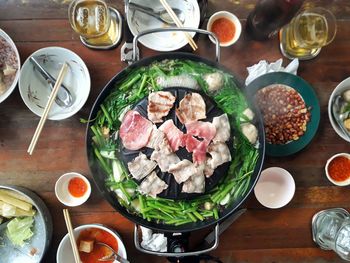 High angle view of meal served on table