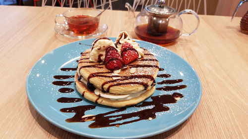 High angle view of pancakes served on table