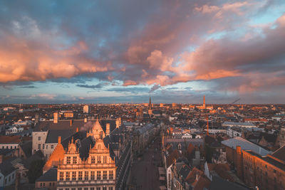 High angle view of townscape against sky during sunset