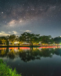 Scenic view of lake against sky at night