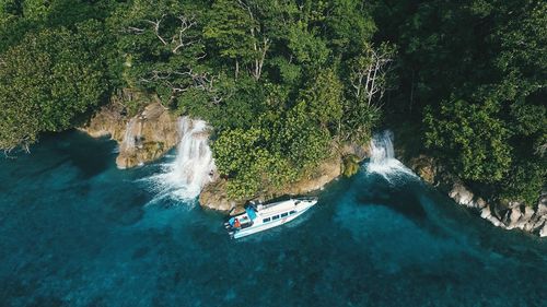 High angle view of boat on river against trees in forest