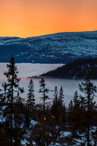 Scenic view of snowcapped mountains against sky during sunset