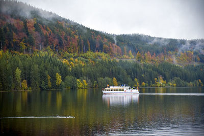 Scenic view of lake against trees during autumn