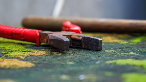 Close up of old pliers and rusty red