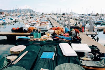 High angle view of boats moored at harbor