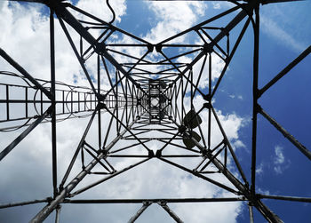 Low angle view of electricity pylon against cloudy sky