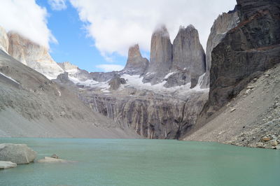 Panoramic view of lake and mountains against sky