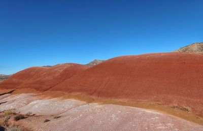 Scenic view of desert against clear blue sky