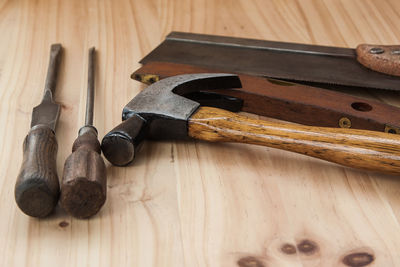 High angle view of tools on table