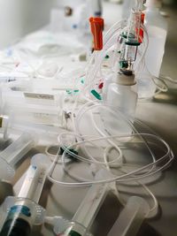 Close-up of medical supplies on table