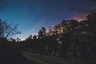 Road amidst silhouette trees against sky at night