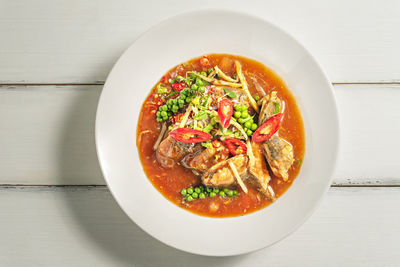 High angle view of soup in bowl on table