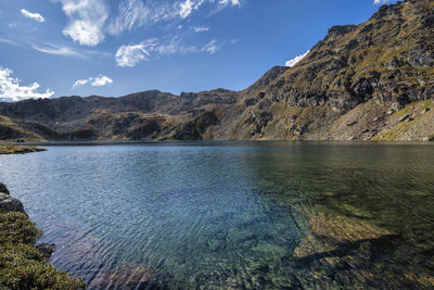 Scenic view of lake by mountains against sky